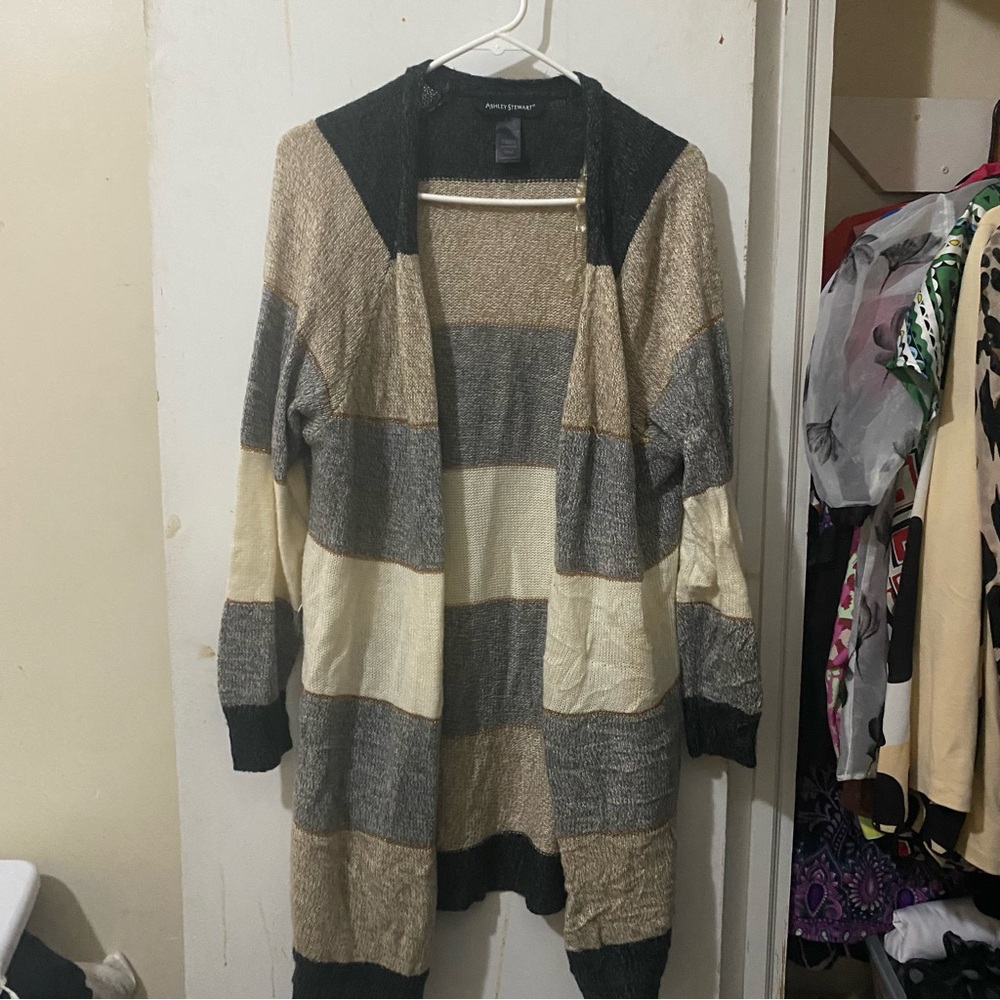 Ashley Stewart Striped Open-Front Hooded Cardigan in Cream, Gray, Brown, Black